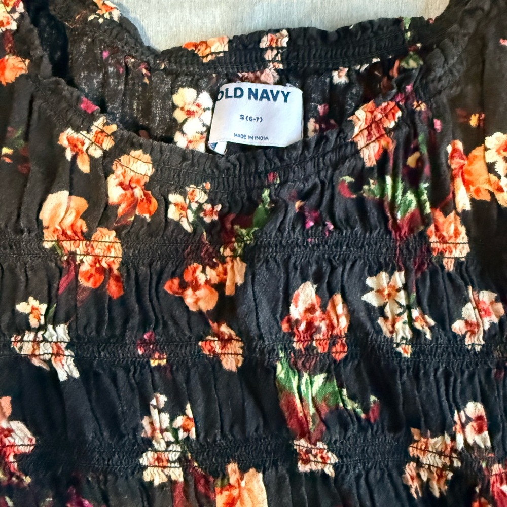 Old Navy Black Floral Shirred Top with Orange and Cream Blooms